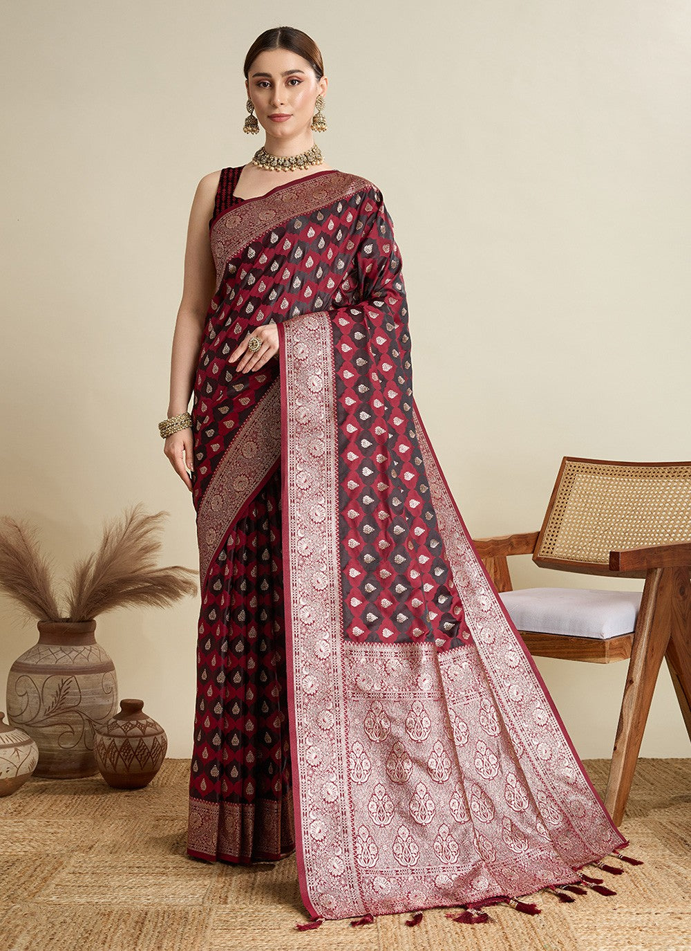 Maroon Satin Silk Trendy Saree Woven S16826