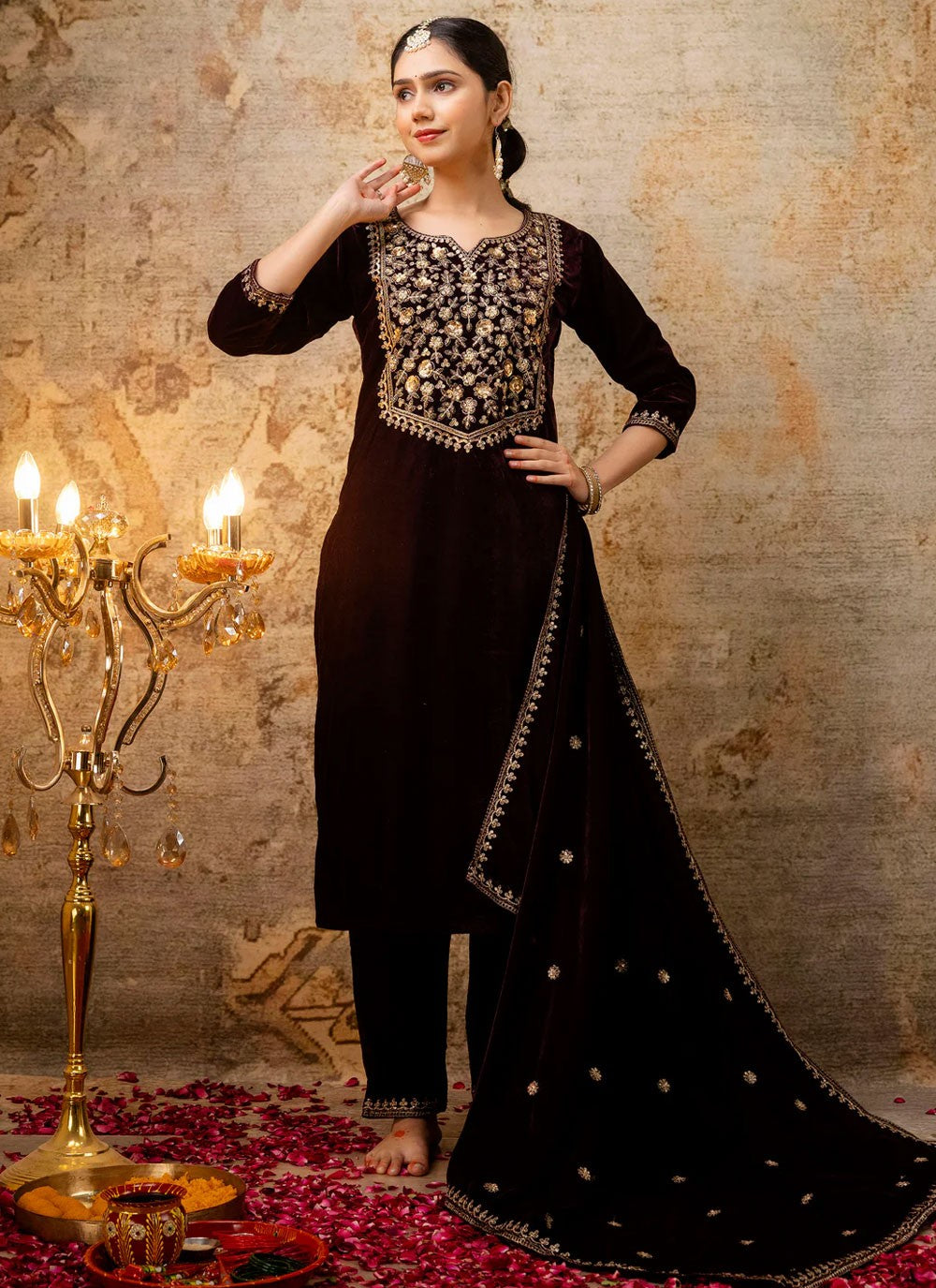 Embroidered Velvet Maroon Salwar Suit T6131