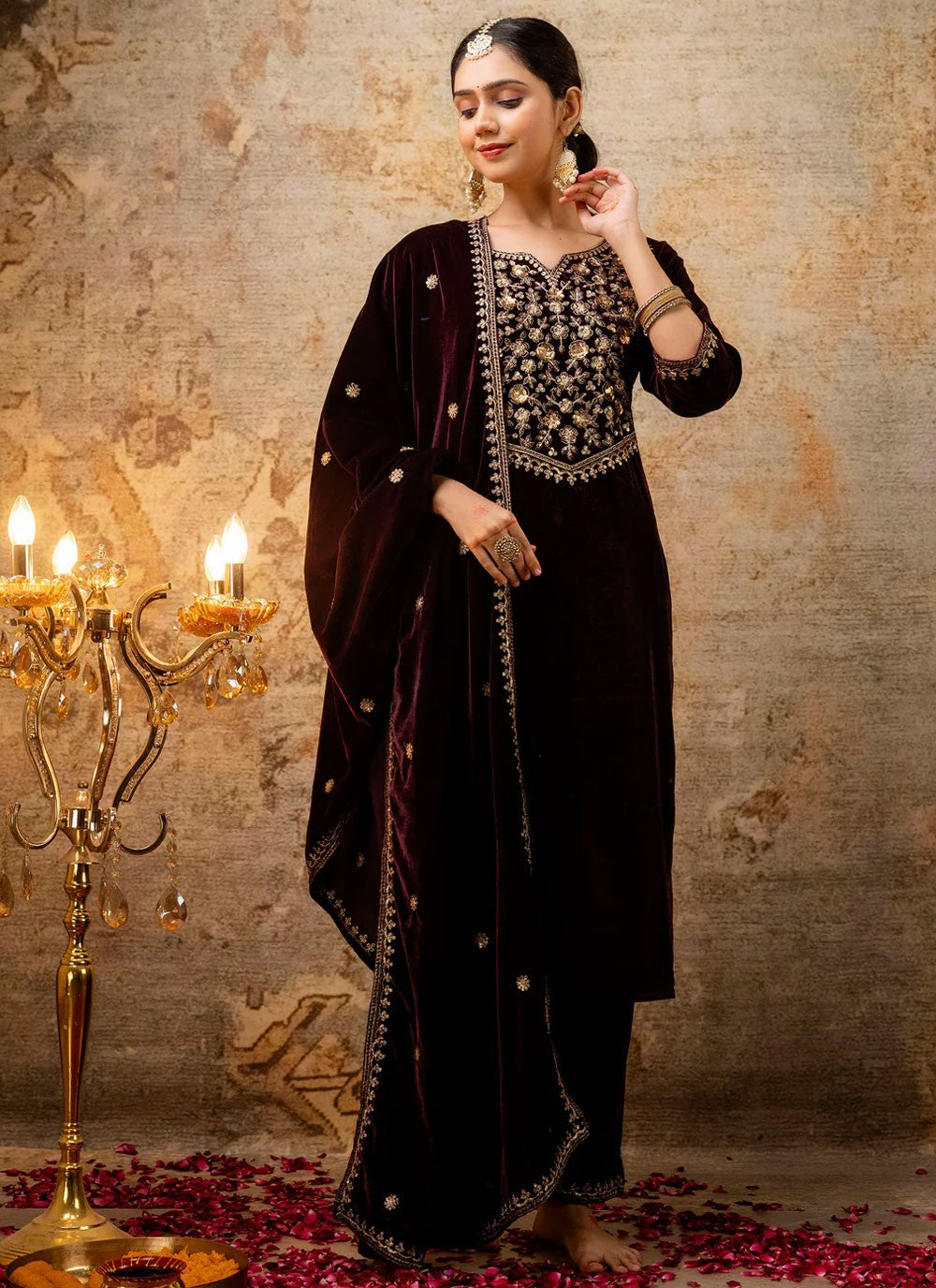 Embroidered Velvet Maroon Salwar Suit T6131