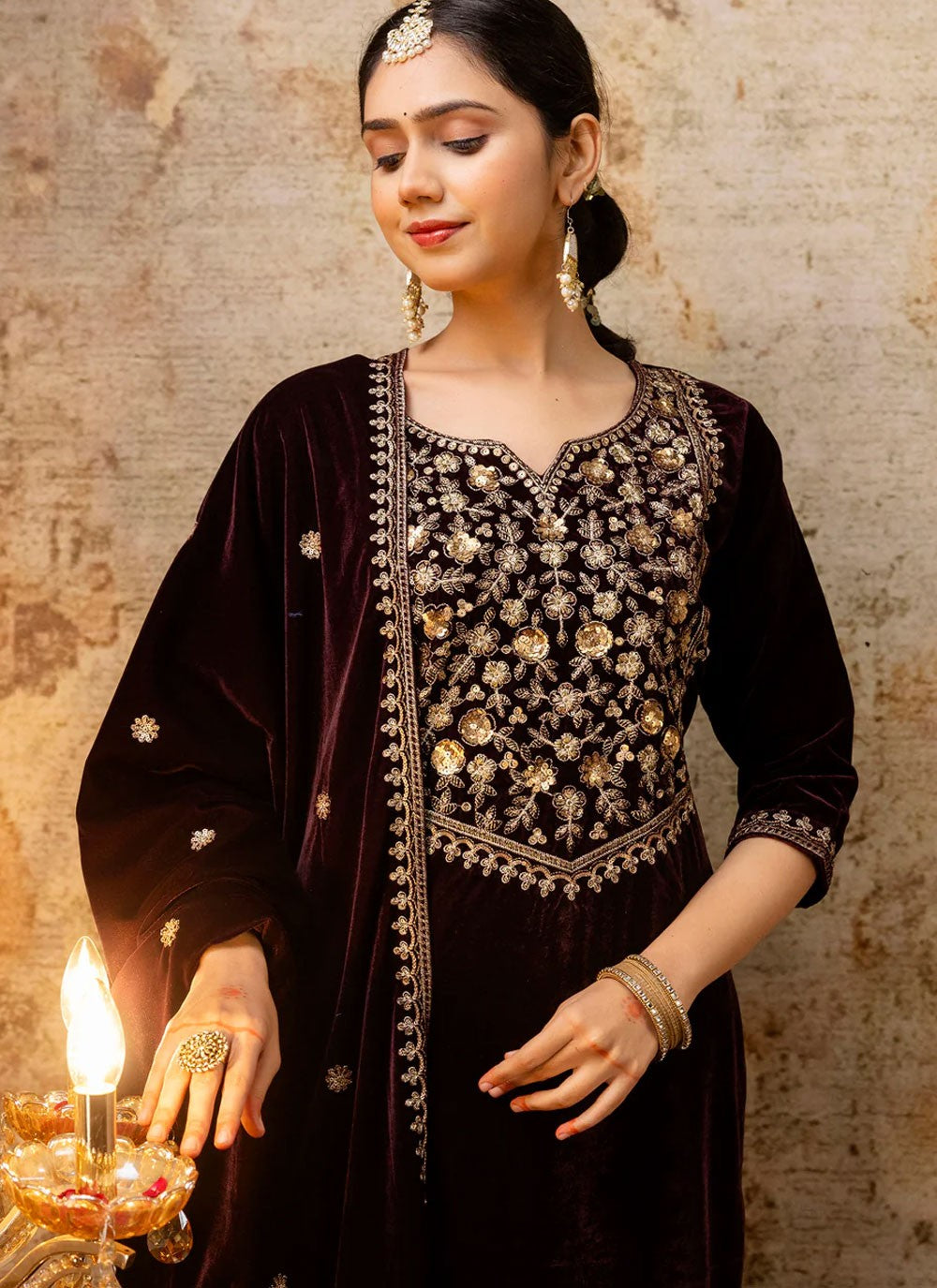 Embroidered Velvet Maroon Salwar Suit T6131