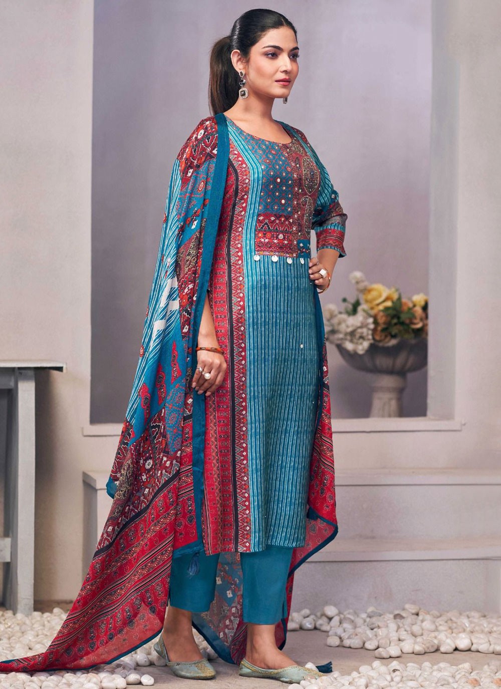 Pant Style Suit Fancy Work, Hand Embroidery, Printed Blue T7122