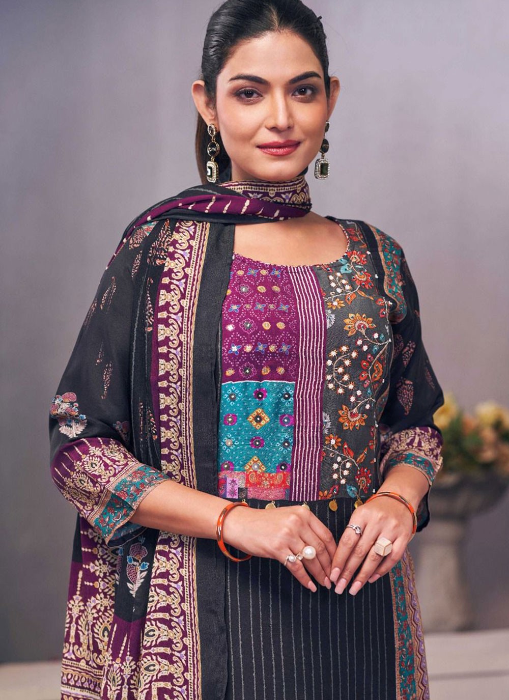 Pant Style Suit Fancy Work, Hand Embroidery, Printed Black T7121
