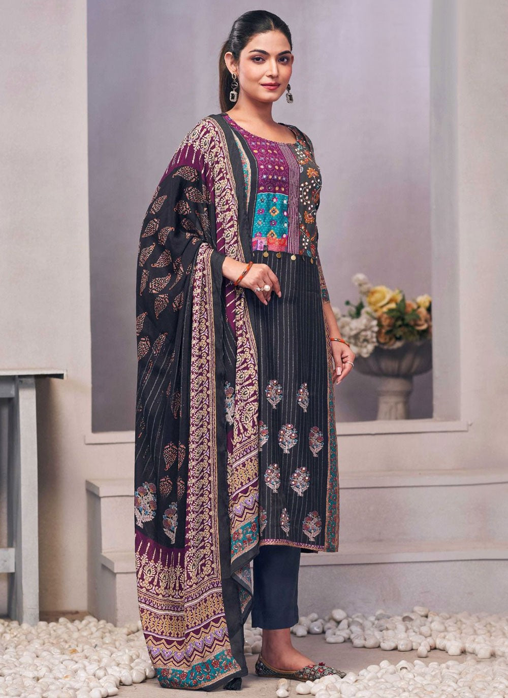 Pant Style Suit Fancy Work, Hand Embroidery, Printed Black T7121
