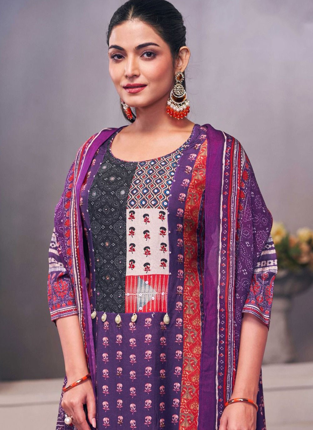 Pant Style Suit Fancy Work, Hand Embroidery, Printed Purple T7119
