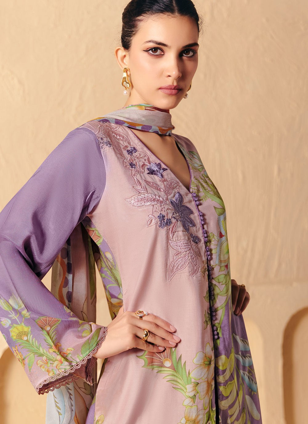 Pant Style Suit Digital Print, Embroidered, Patch, Resham Mauve T8292