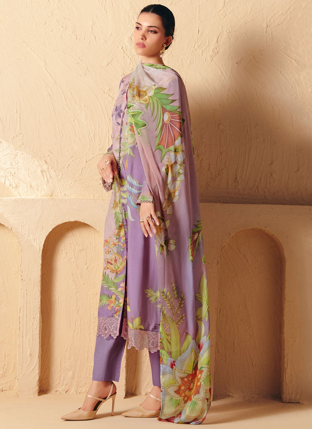 Pant Style Suit Digital Print, Embroidered, Patch, Resham Mauve T8292