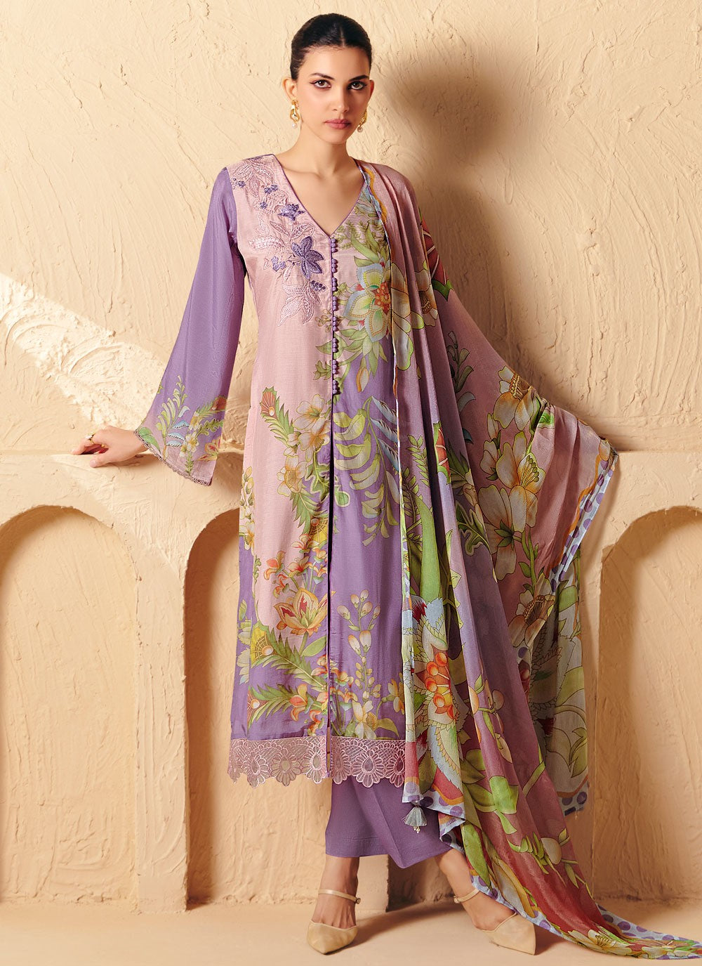 Pant Style Suit Digital Print, Embroidered, Patch, Resham Mauve T8292