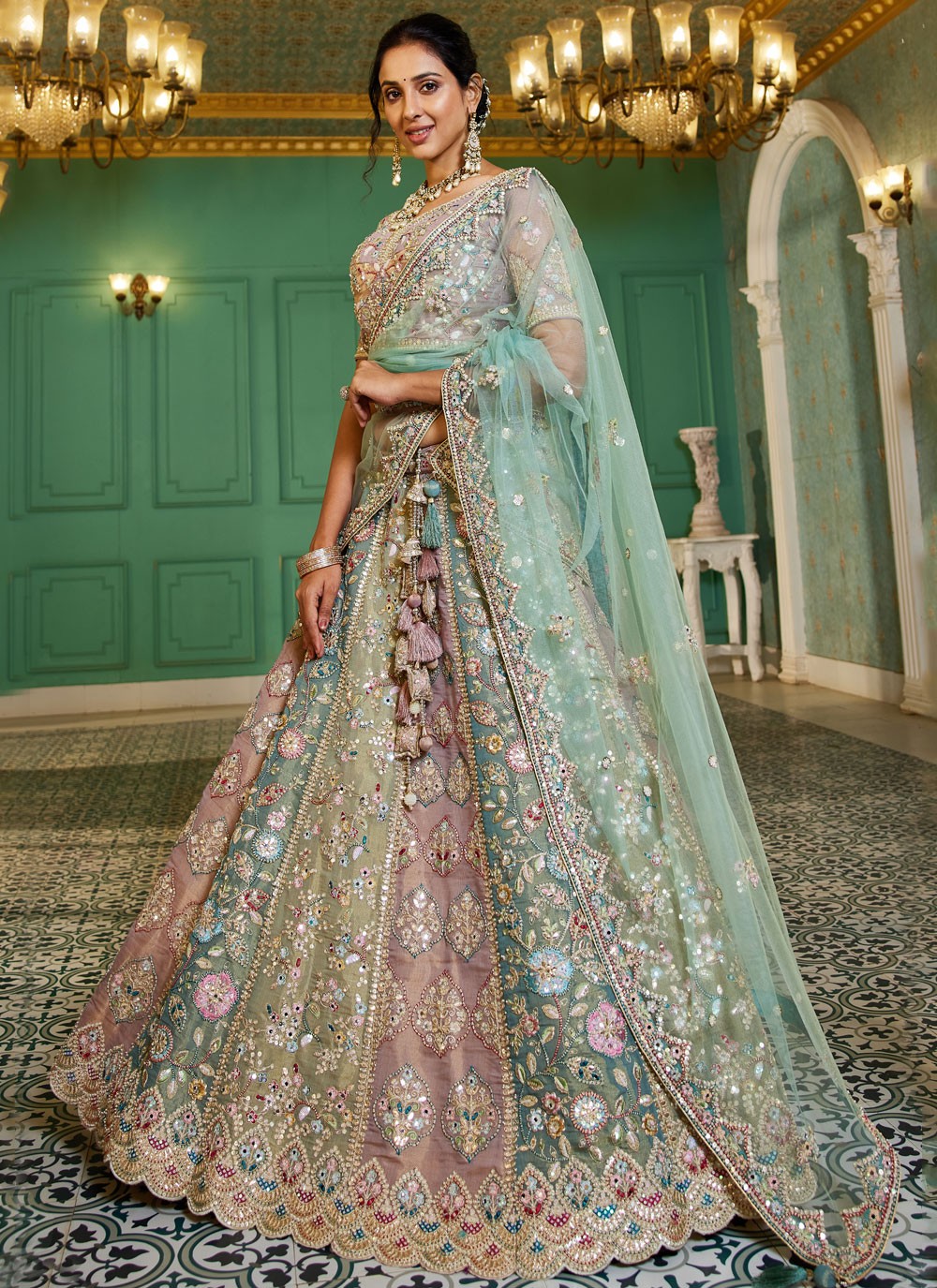 Beads Net Mauve, Sea Green Lehenga - L3344