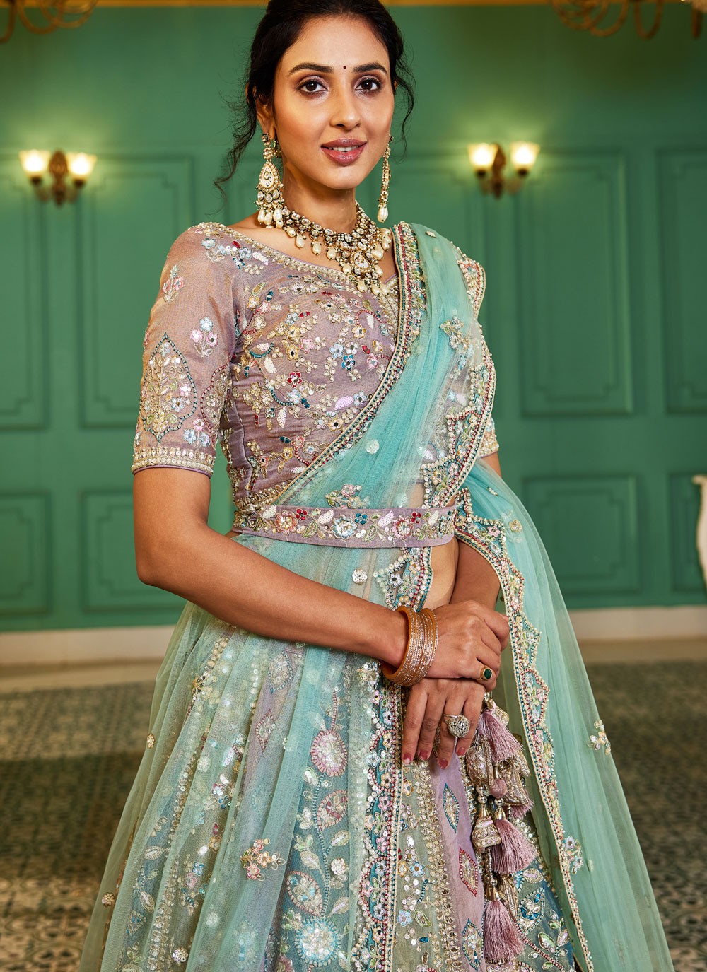 Beads Net Mauve, Sea Green Lehenga - L3344