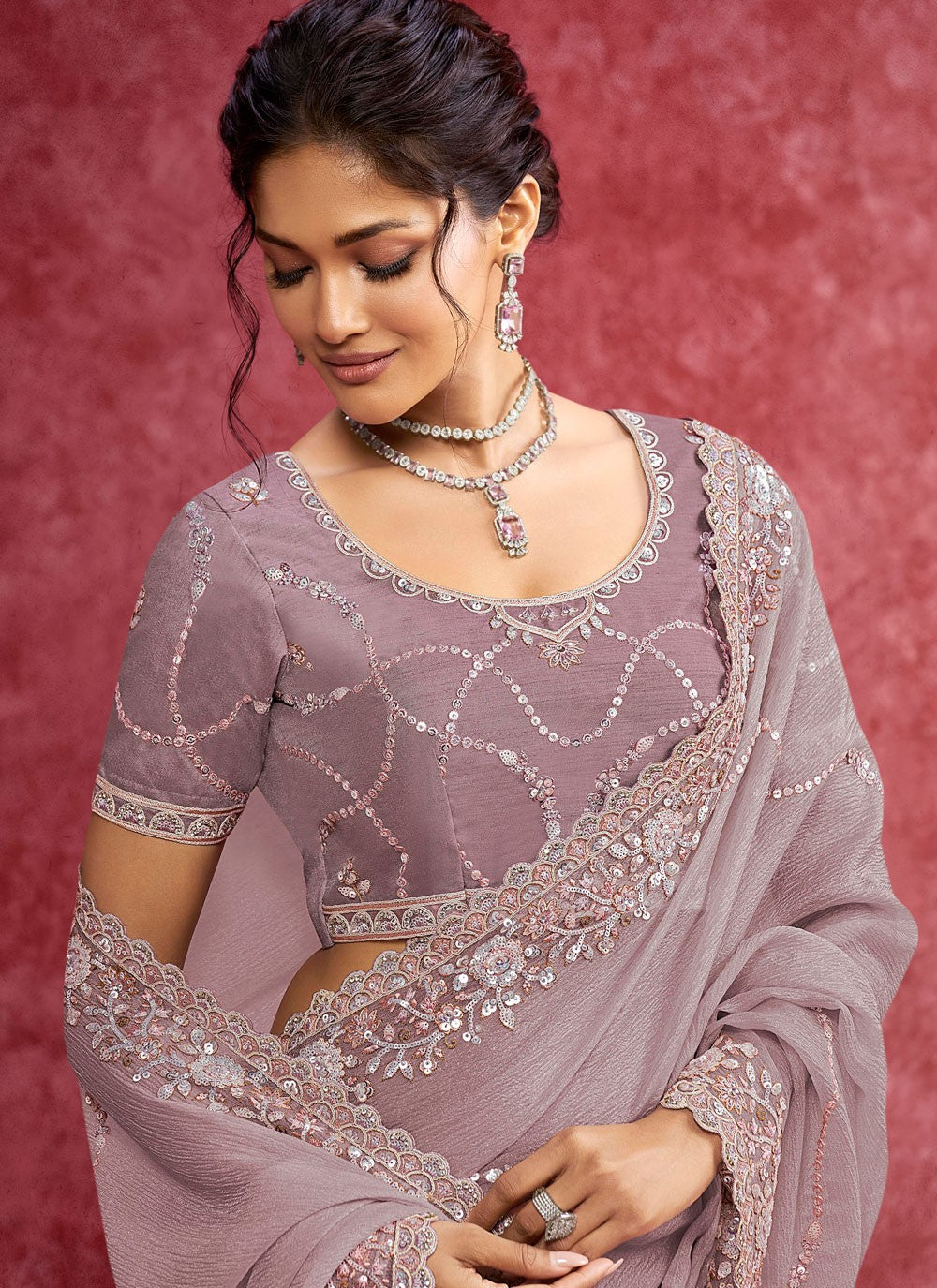 Mauve Banarasi Silk Traditional Saree Border Work, Cut Work, Embroidered, Sequins, Thread S19360