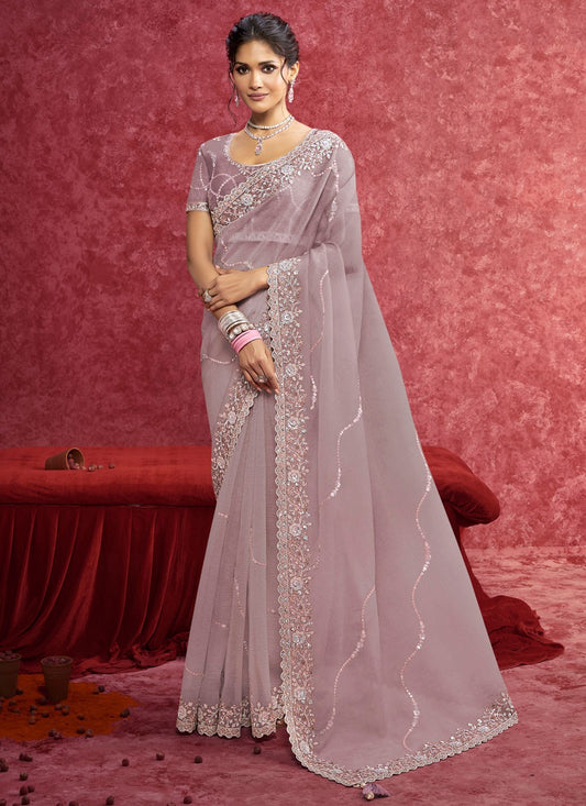 Mauve Banarasi Silk Traditional Saree Border Work, Cut Work, Embroidered, Sequins, Thread S19360