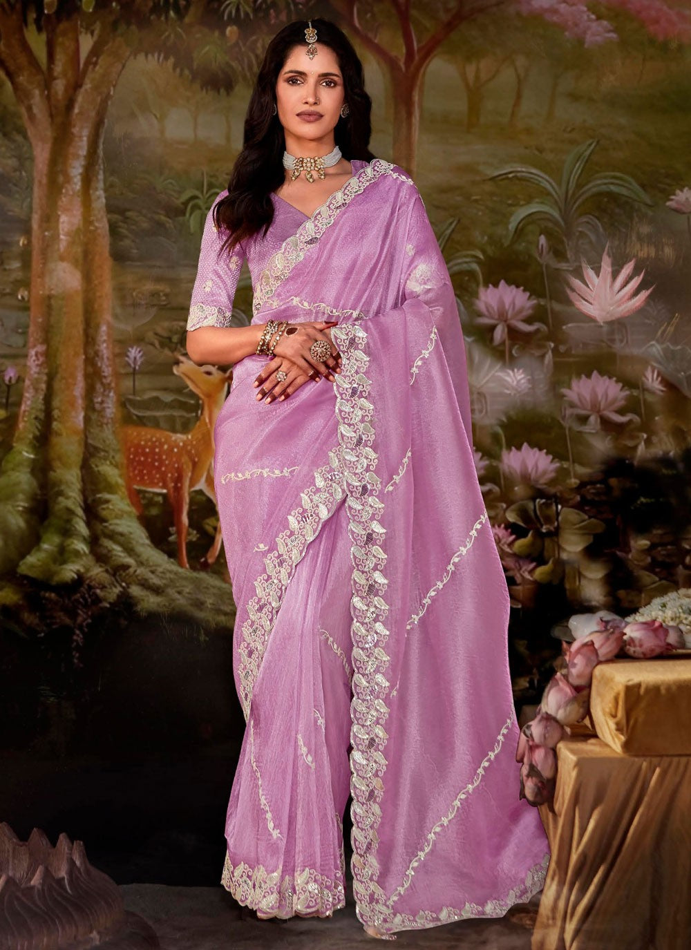 Shaded Border Work Fancy Fabric Saree - S7643