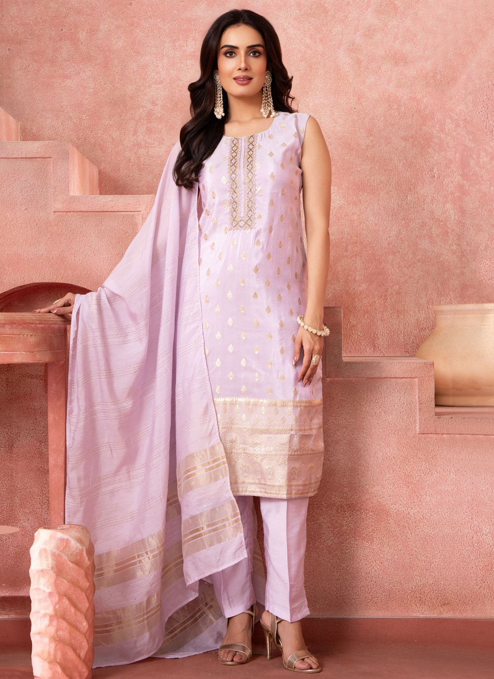 Pant Style Suit Embroidered, Zari Mauve T8093
