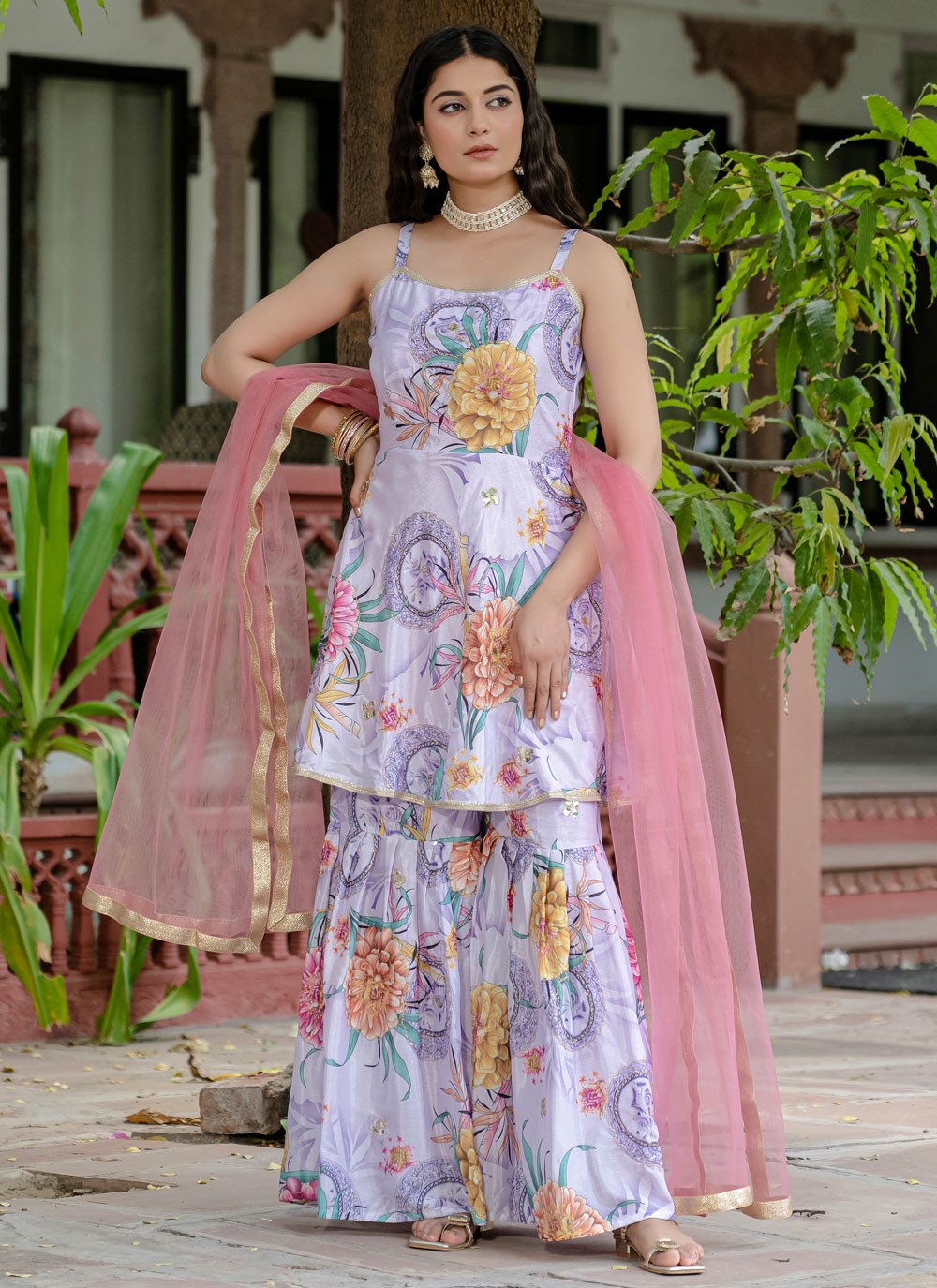 Sharara Suit Floral Printed, Lace Mauve T7697