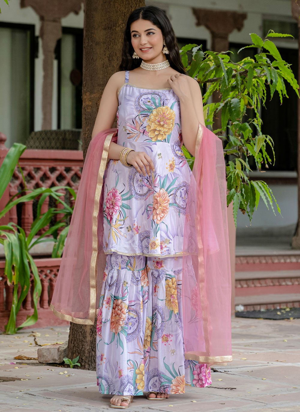 Sharara Suit Floral Printed, Lace Mauve T7697