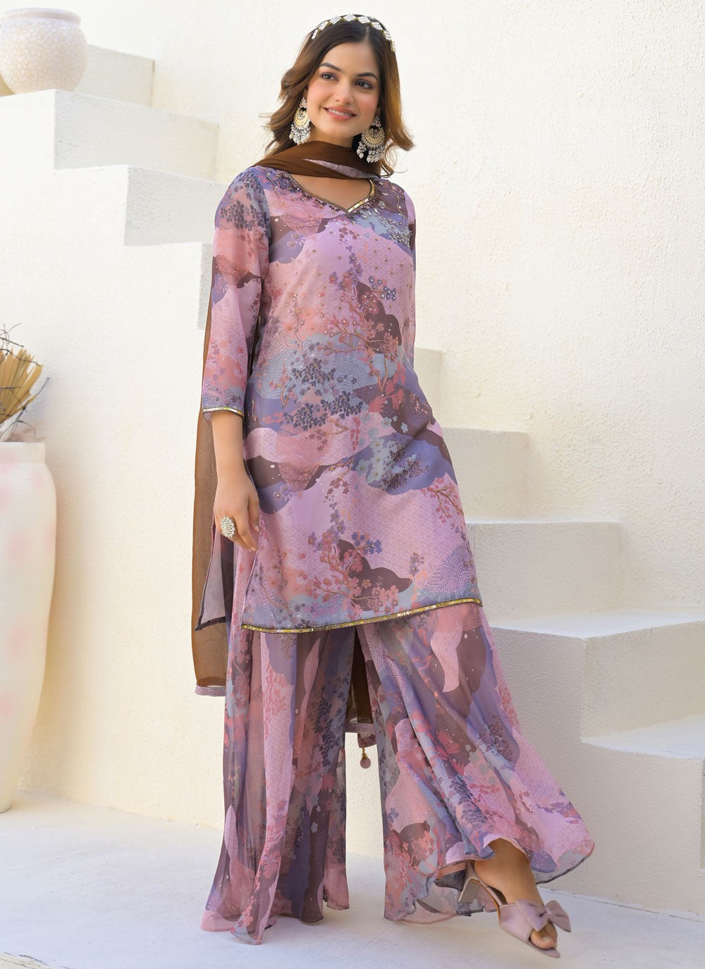 Sharara Suit Digital Print, Sequins, Zari Mauve T7133
