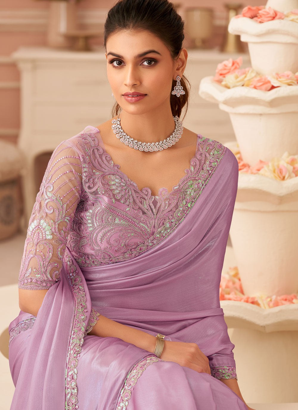 Mauve Chiffon Designer Saree Border Work, Embroidered, Zari S19108