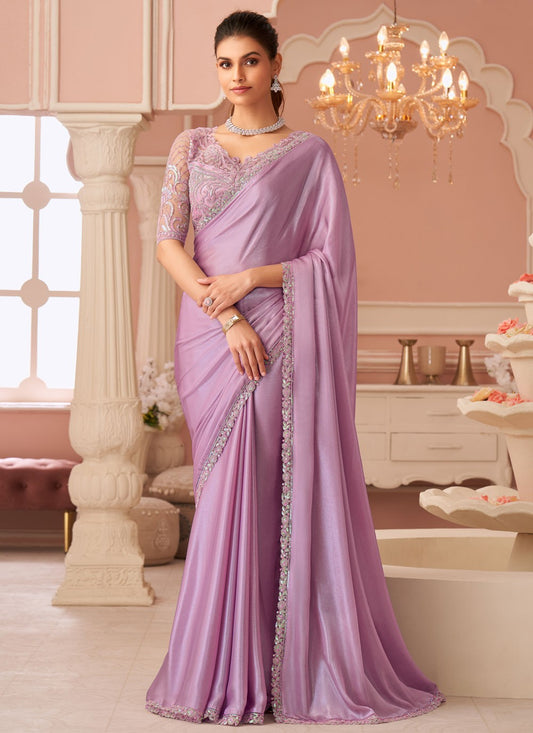 Mauve Chiffon Designer Saree Border Work, Embroidered, Zari S19108