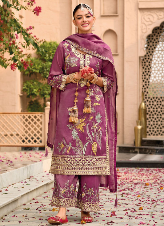 Palazzo Suit Embroidered Mauve Shimmer T5213