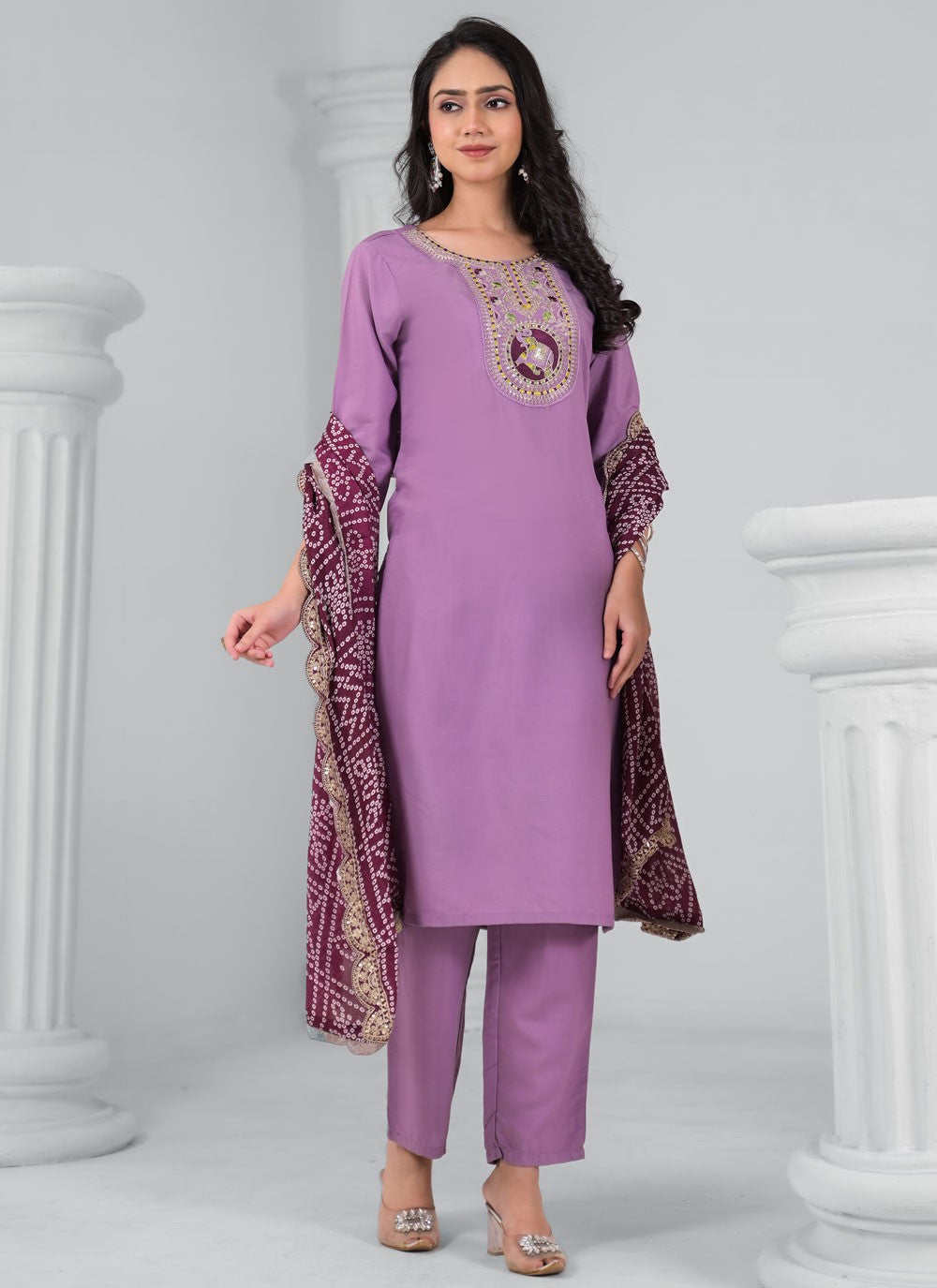Pant Style Suit Embroidered, Sequins, Thread, Zari Mauve T7340