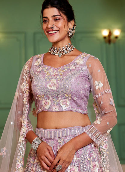 Embroidered Satin Mauve Lehenga - L3358