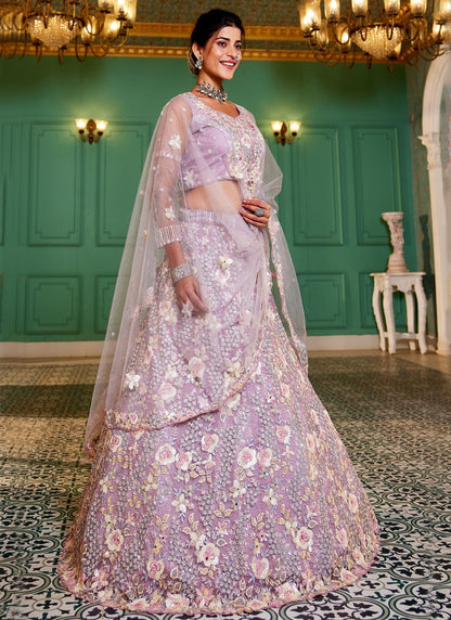 Embroidered Satin Mauve Lehenga - L3358