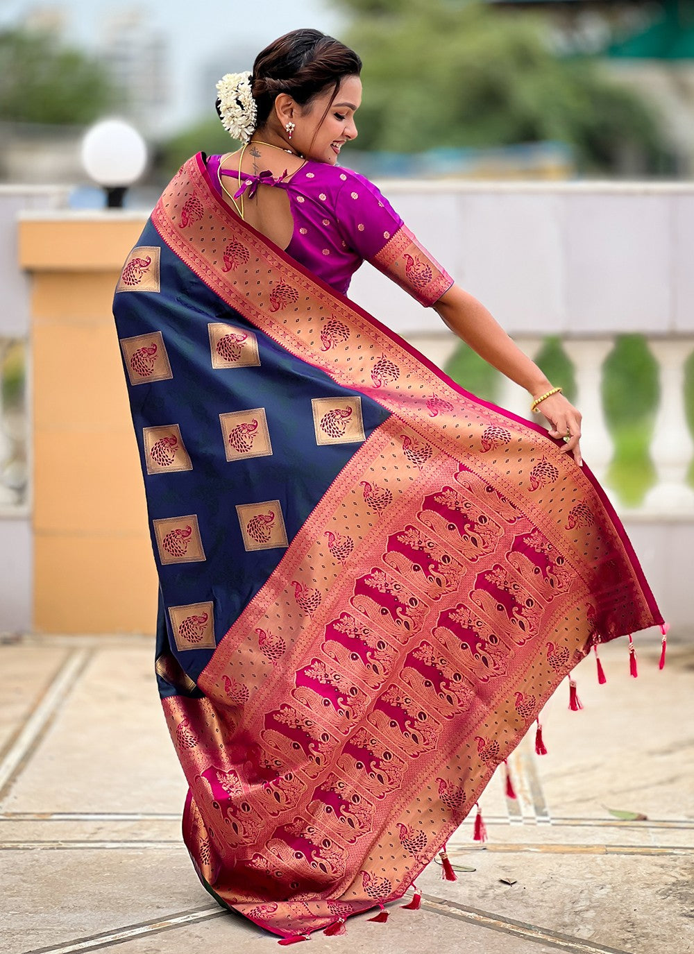 Morpeach Banarasi Silk Contemporary Saree Meenakari S18779