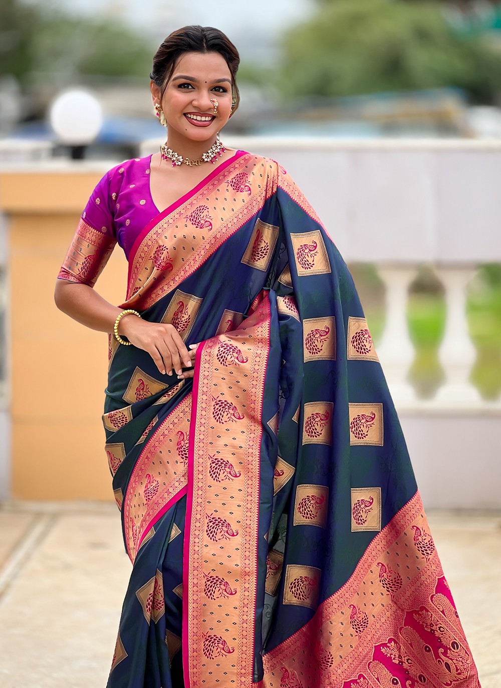 Morpeach Banarasi Silk Contemporary Saree Meenakari S18779
