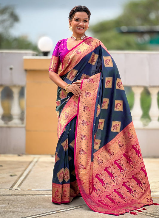 Morpeach Banarasi Silk Contemporary Saree Meenakari S18779