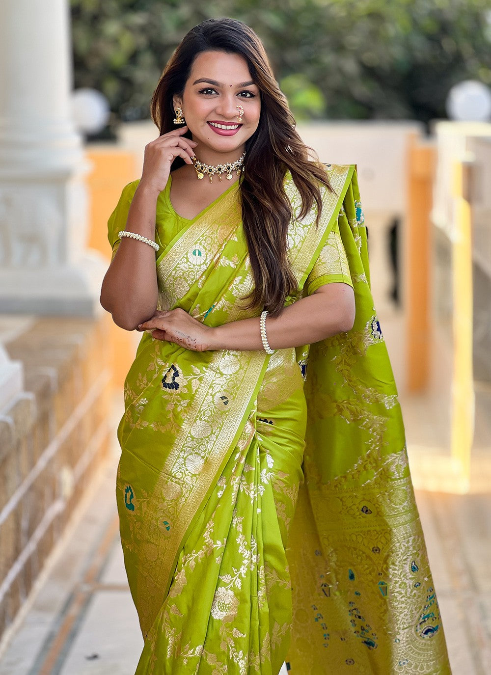 Green Banarasi Silk Classic Saree Meenakari S16328