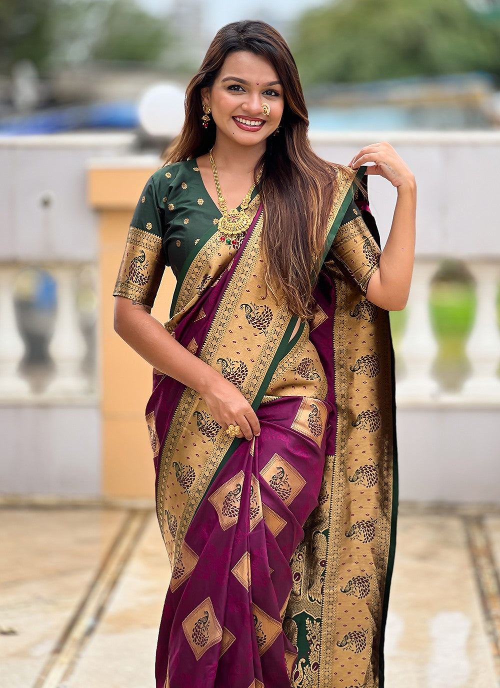 Wine Banarasi Silk Classic Saree Meenakari S18783