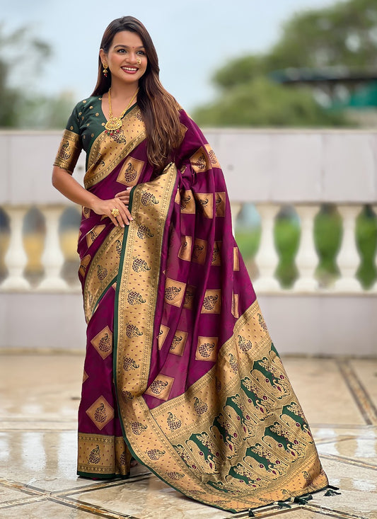 Wine Banarasi Silk Classic Saree Meenakari S18783