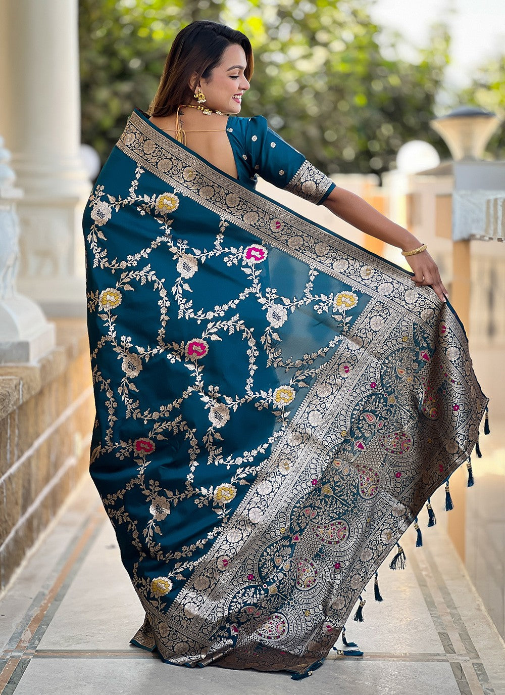 Teal Banarasi Silk Classic Saree Meenakari S16325