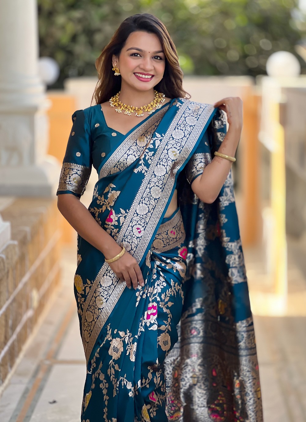 Teal Banarasi Silk Classic Saree Meenakari S16325