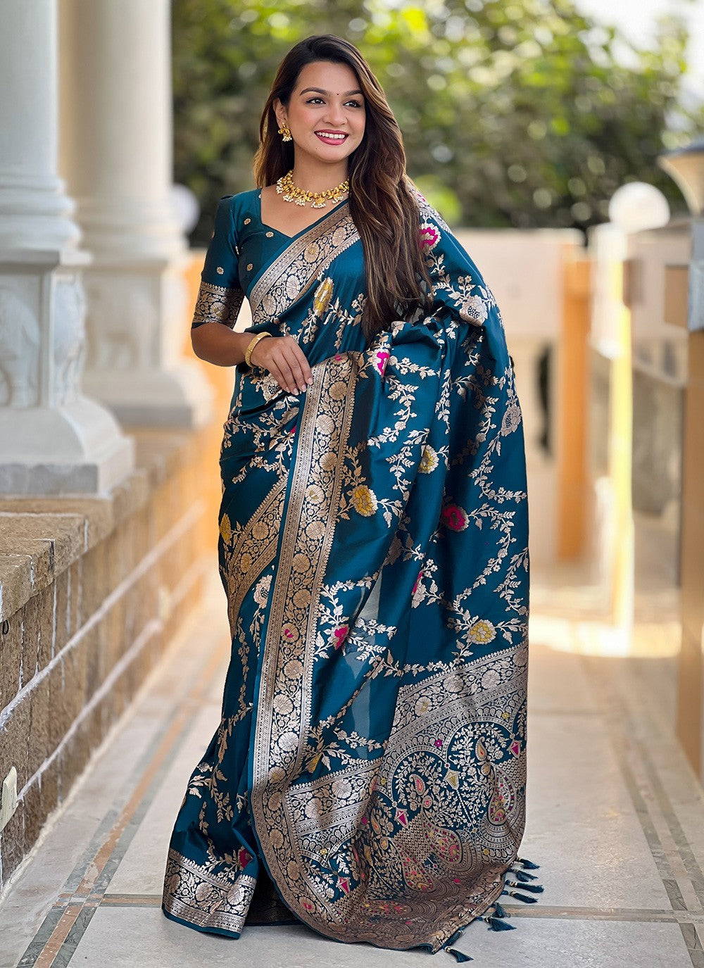 Teal Banarasi Silk Classic Saree Meenakari S16325