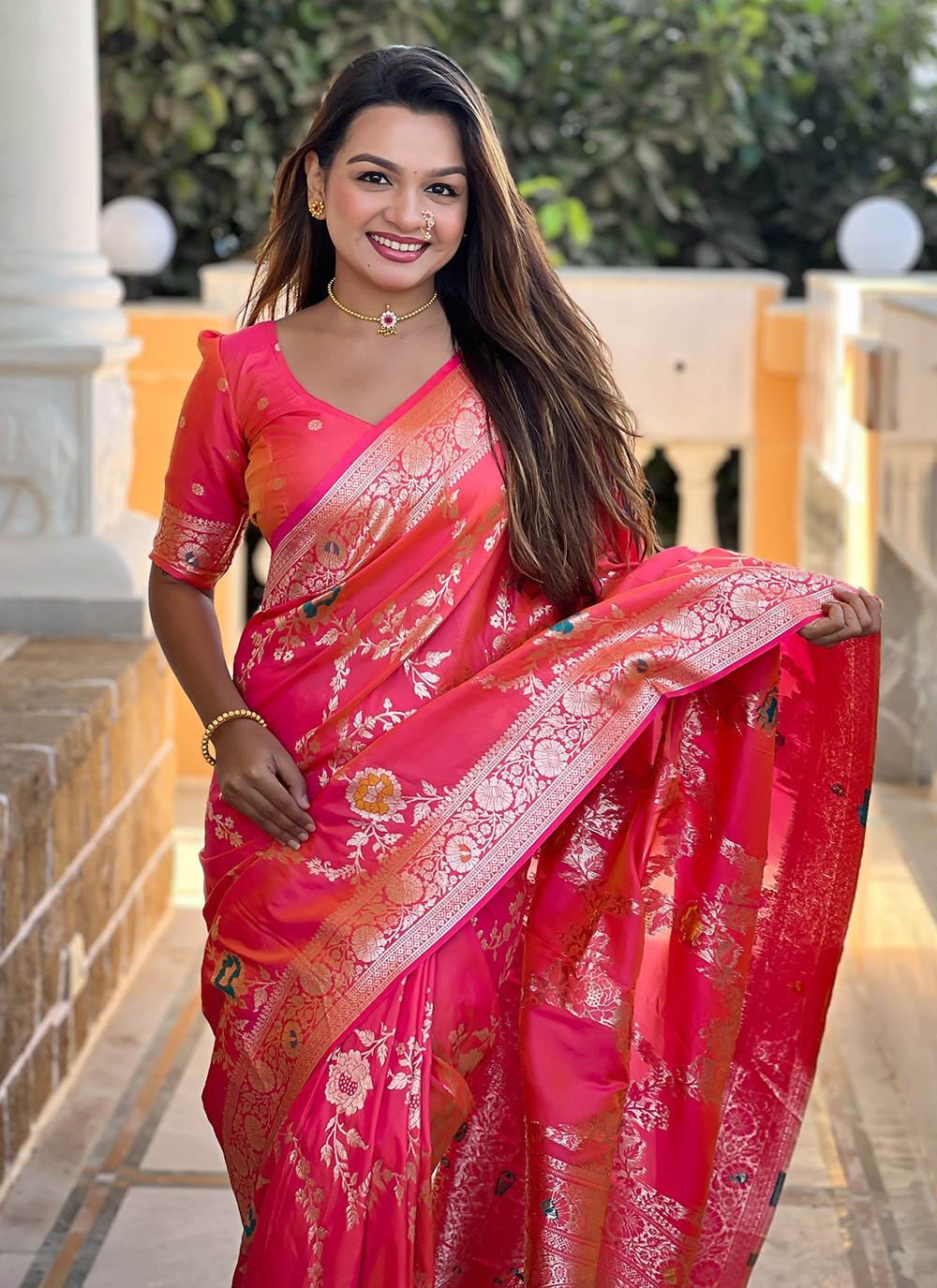 Pink Banarasi Silk Contemporary Saree Meenakari S16323
