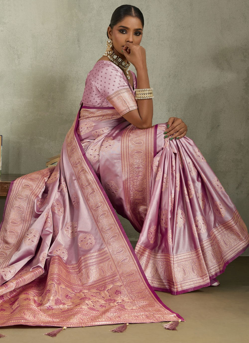 Purple Satin Silk Contemporary Saree Banarasi Jari, Border Work, Meenakari, Woven S19050
