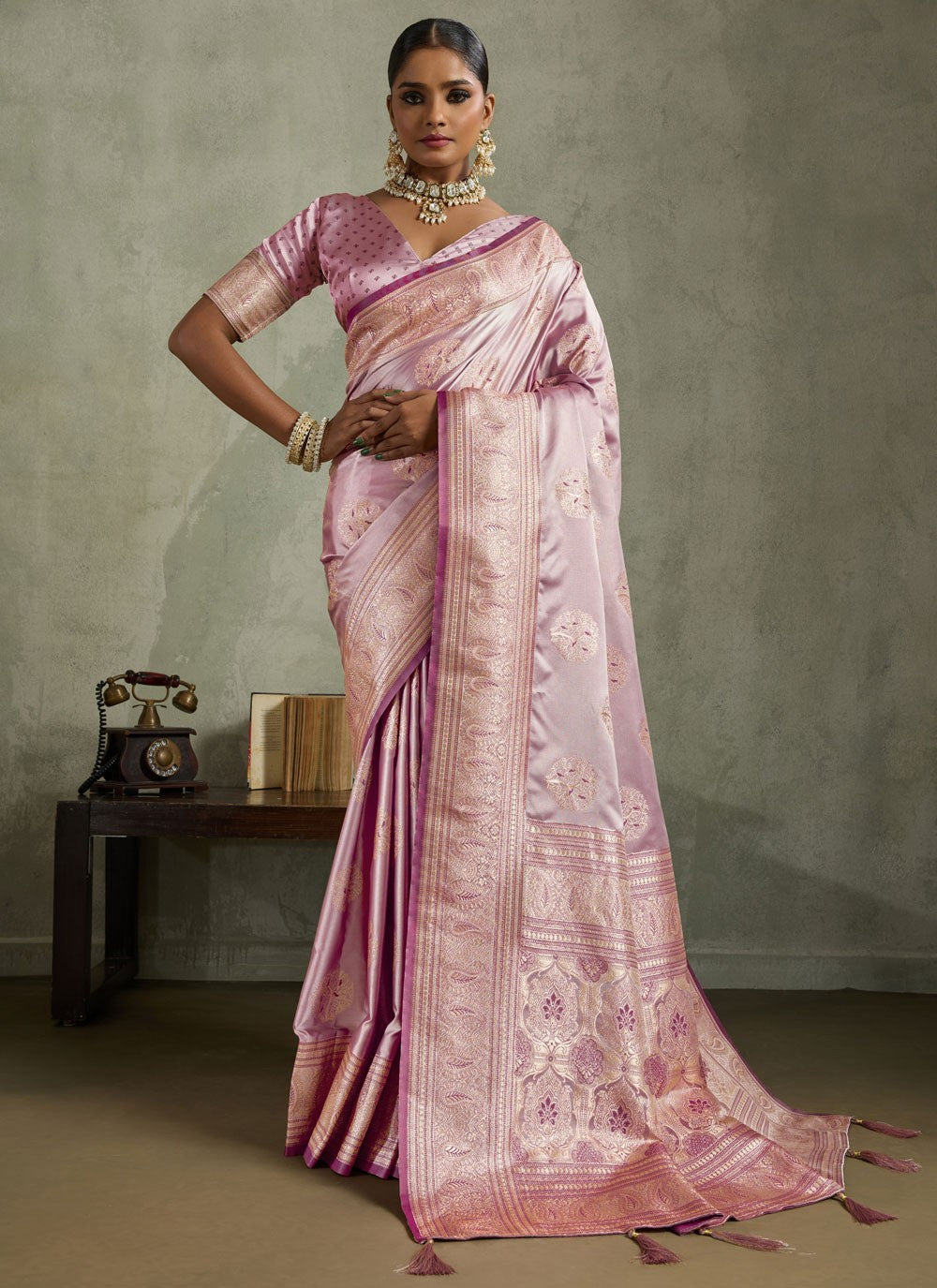 Purple Satin Silk Contemporary Saree Banarasi Jari, Border Work, Meenakari, Woven S19050
