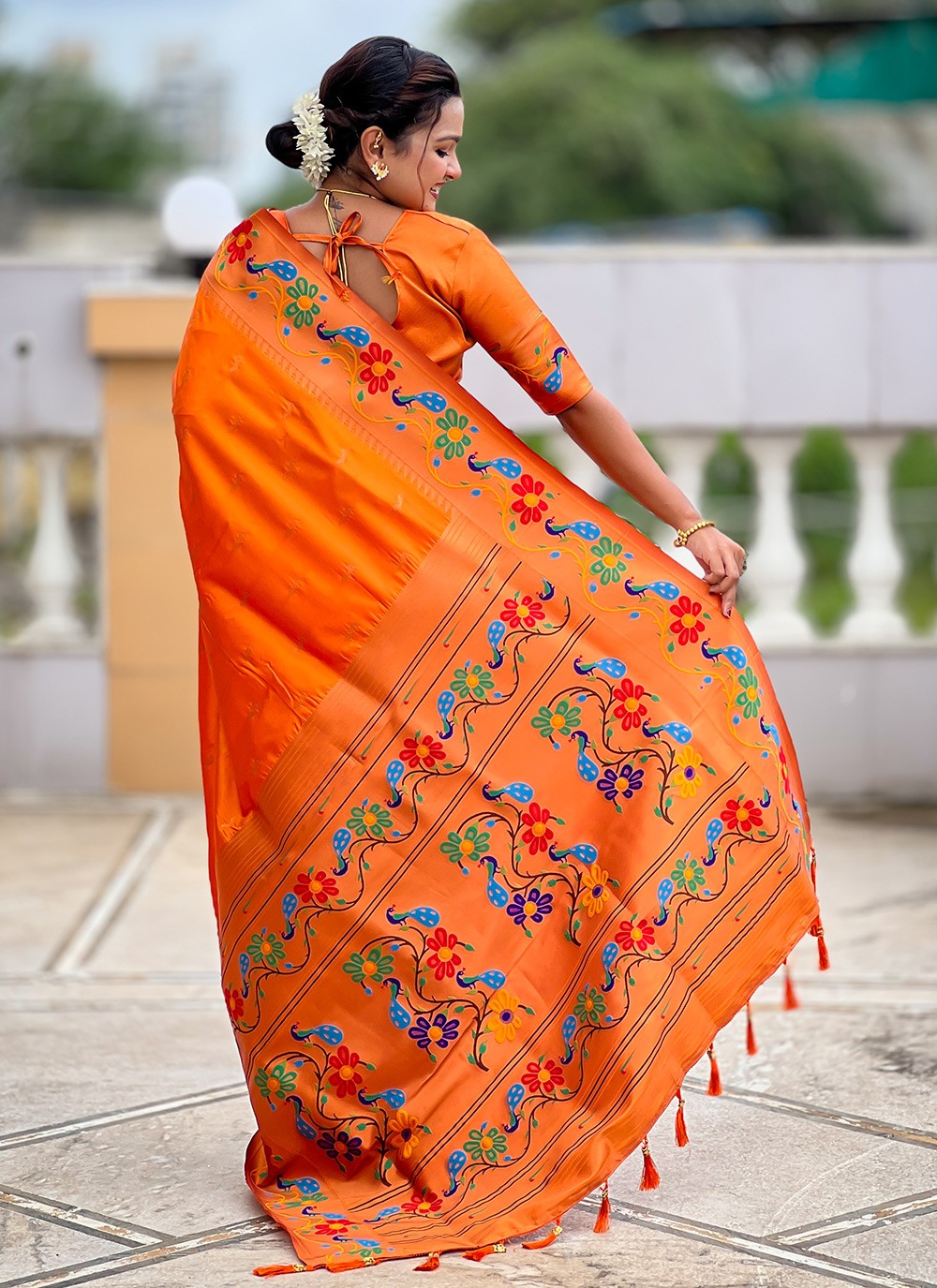 Orange Silk Trendy Saree Jacquard Work, Meenakari S19950