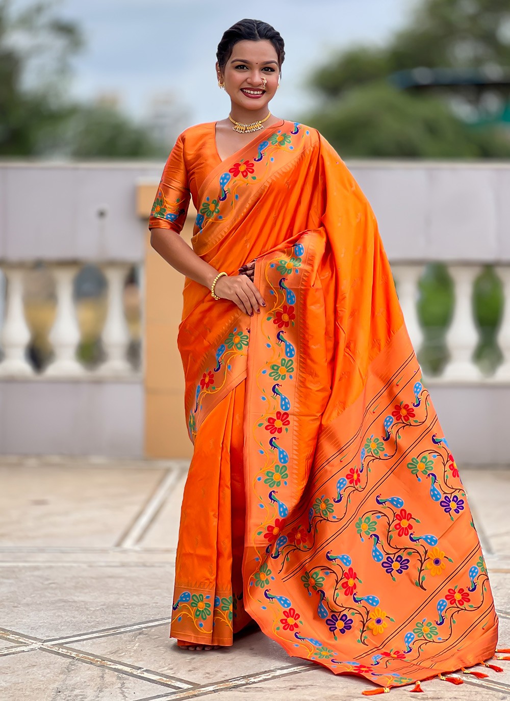 Orange Silk Trendy Saree Jacquard Work, Meenakari S19950