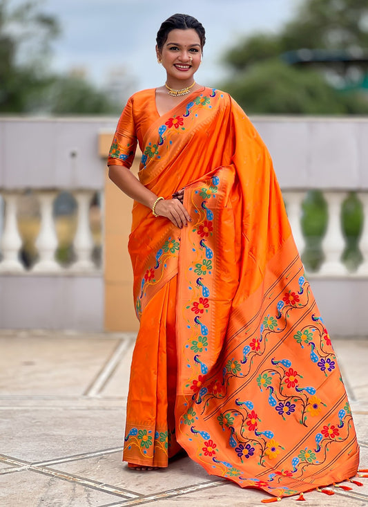 Orange Silk Trendy Saree Jacquard Work, Meenakari S19950