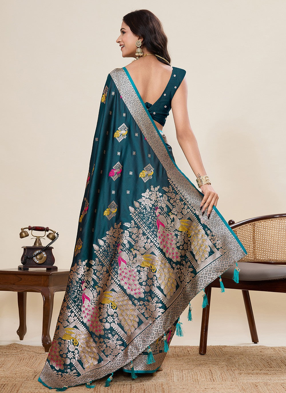 Teal Satin Silk Trendy Saree Meenakari, Woven S19533