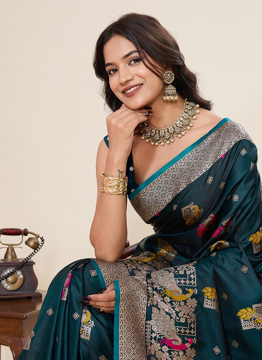 Teal Satin Silk Trendy Saree Meenakari, Woven S19533