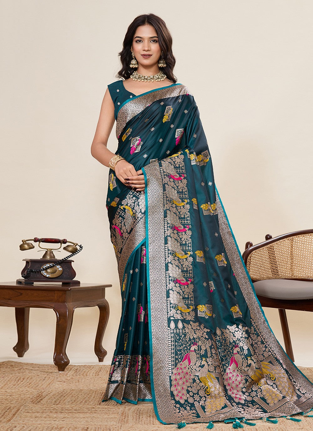 Teal Satin Silk Trendy Saree Meenakari, Woven S19533