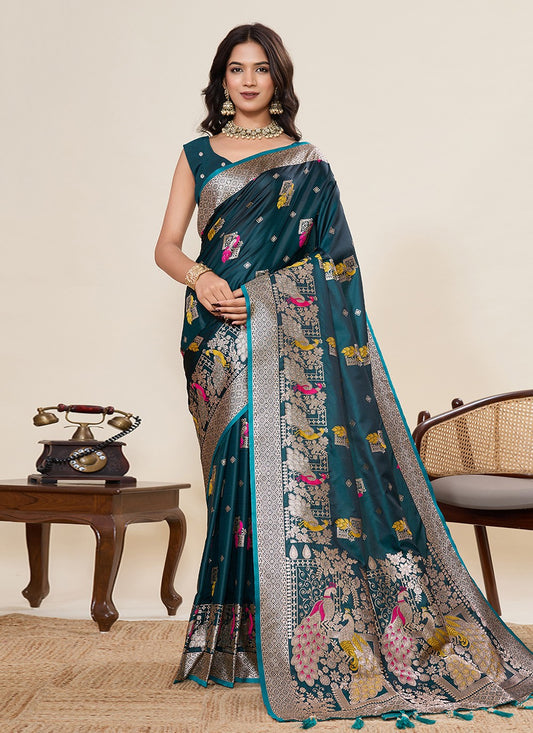 Teal Satin Silk Trendy Saree Meenakari, Woven S19533