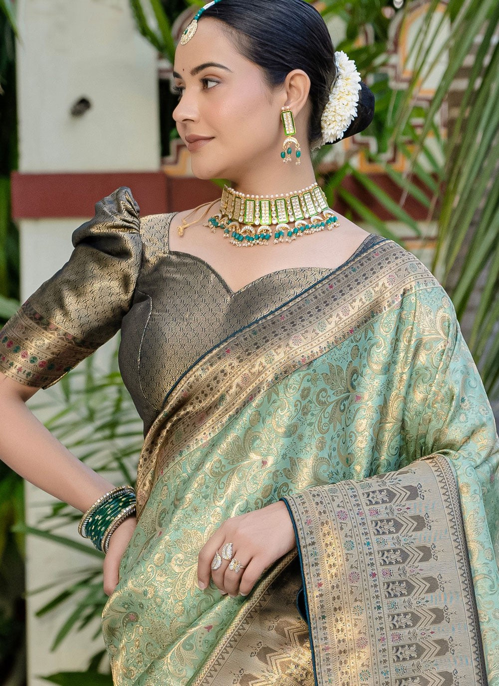 Sea Green Kanjivaram Silk Classic Saree Meenakari, Woven, Zari S15792