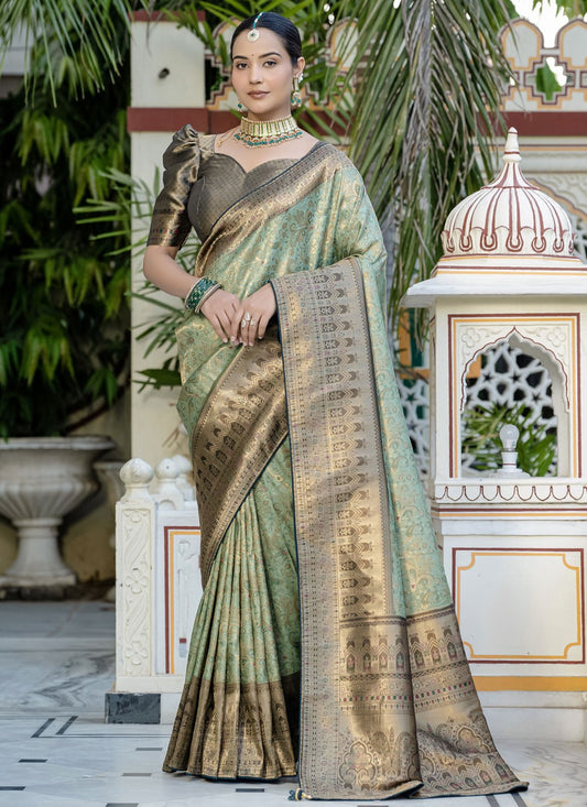 Sea Green Kanjivaram Silk Classic Saree Meenakari, Woven, Zari S15792
