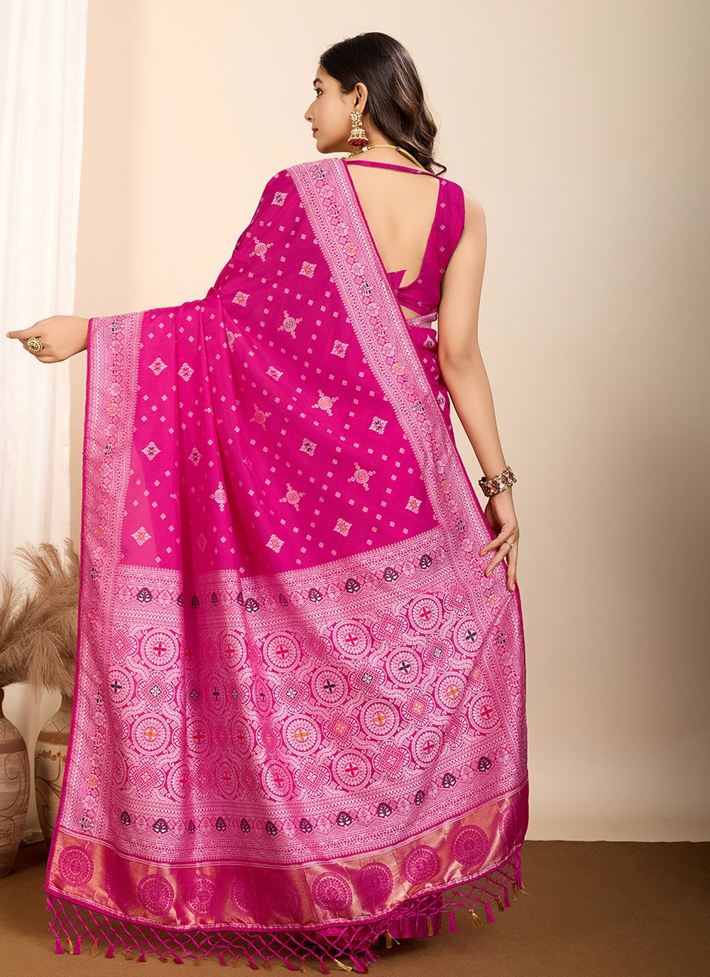 Trendy Saree Meenakari Hot Pink Silk Saree S13589