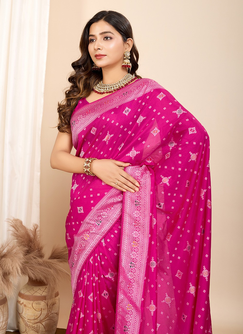 Trendy Saree Meenakari Hot Pink Silk Saree S13589