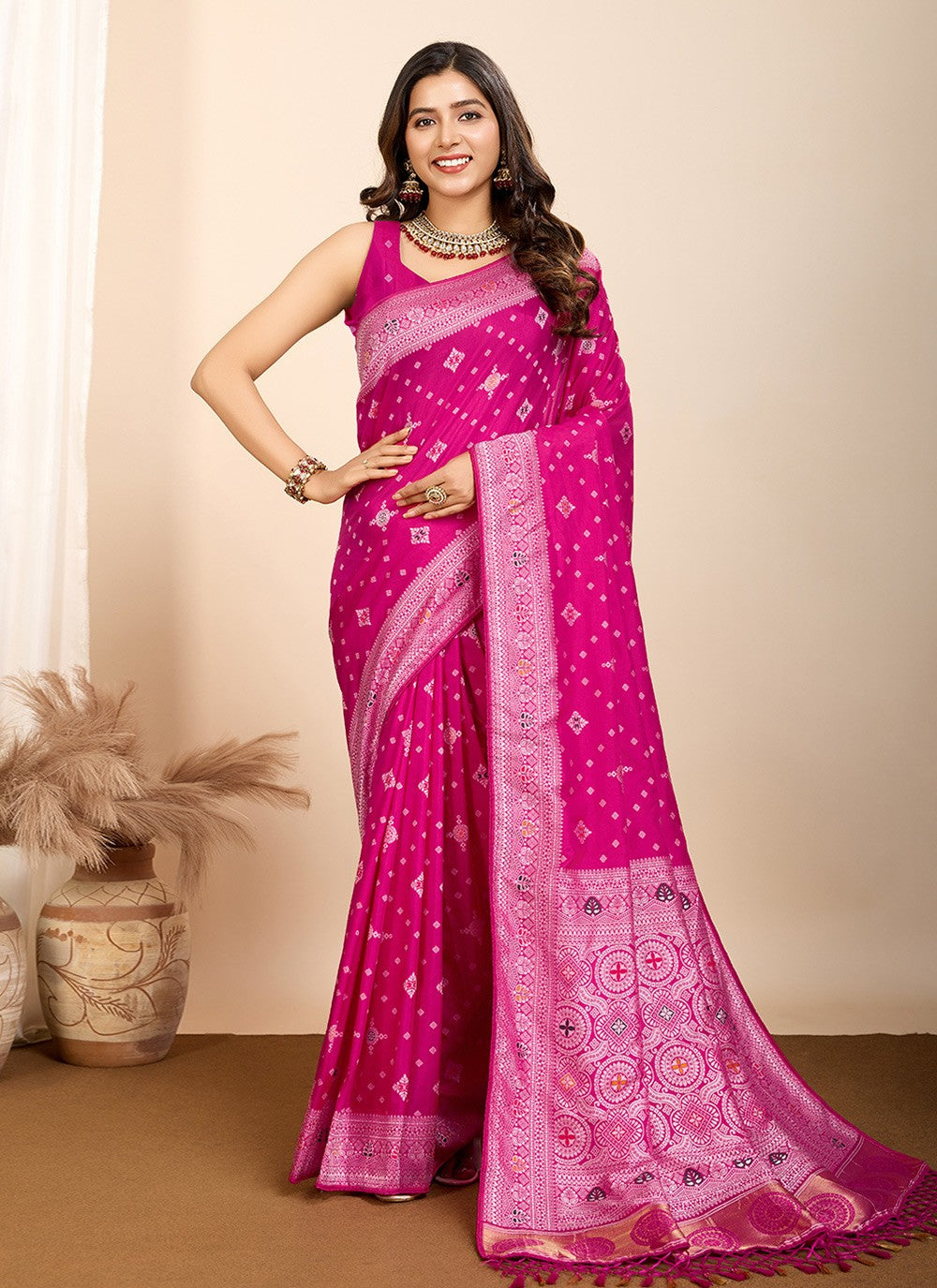Trendy Saree Meenakari Hot Pink Silk Saree S13589